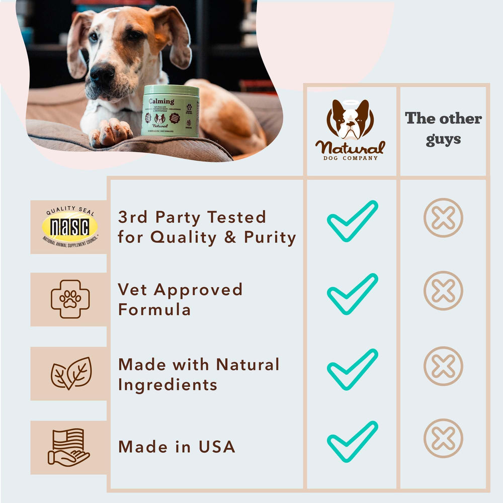 Natural Dog Company Calming Chews melatonin capsule visuals indicate night-time relaxation support.