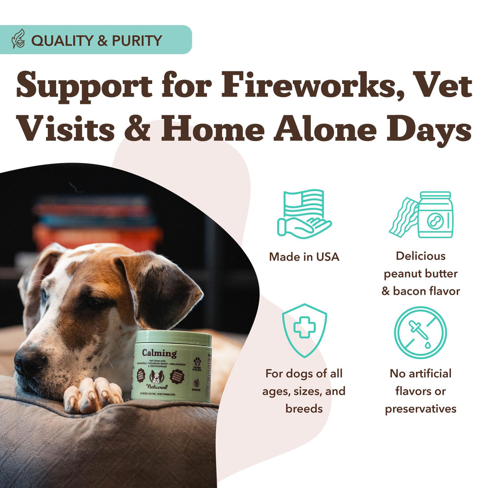 Natural Dog Company Calming Chews safety label visible confirms THC-free and dog-safe use.