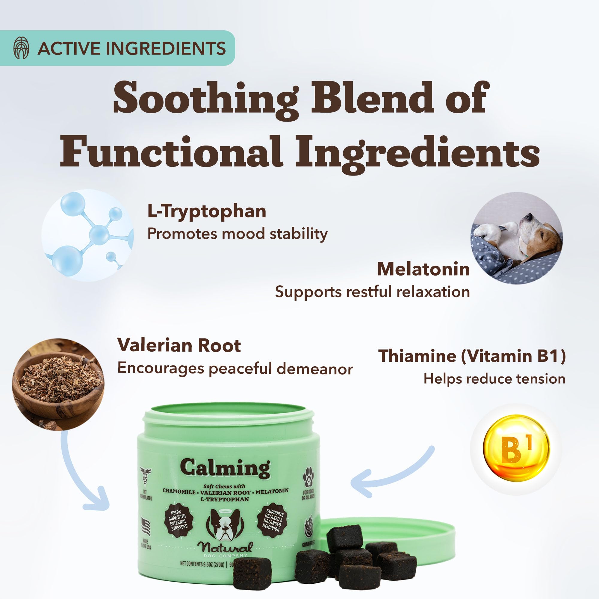 Natural Dog Company Calming Chews valerian root component supports calm mood naturally.