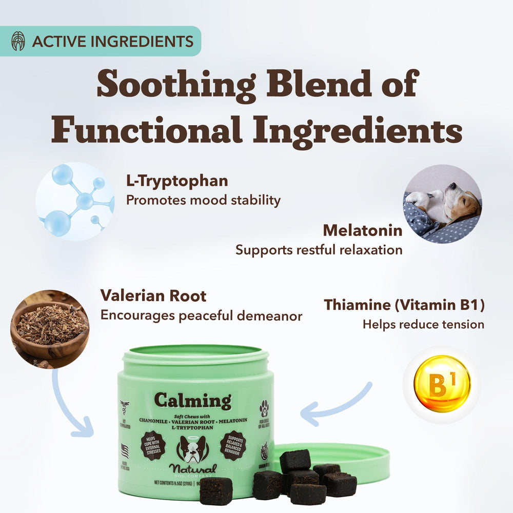 Natural Dog Company Calming Chews valerian root component supports calm mood naturally.
