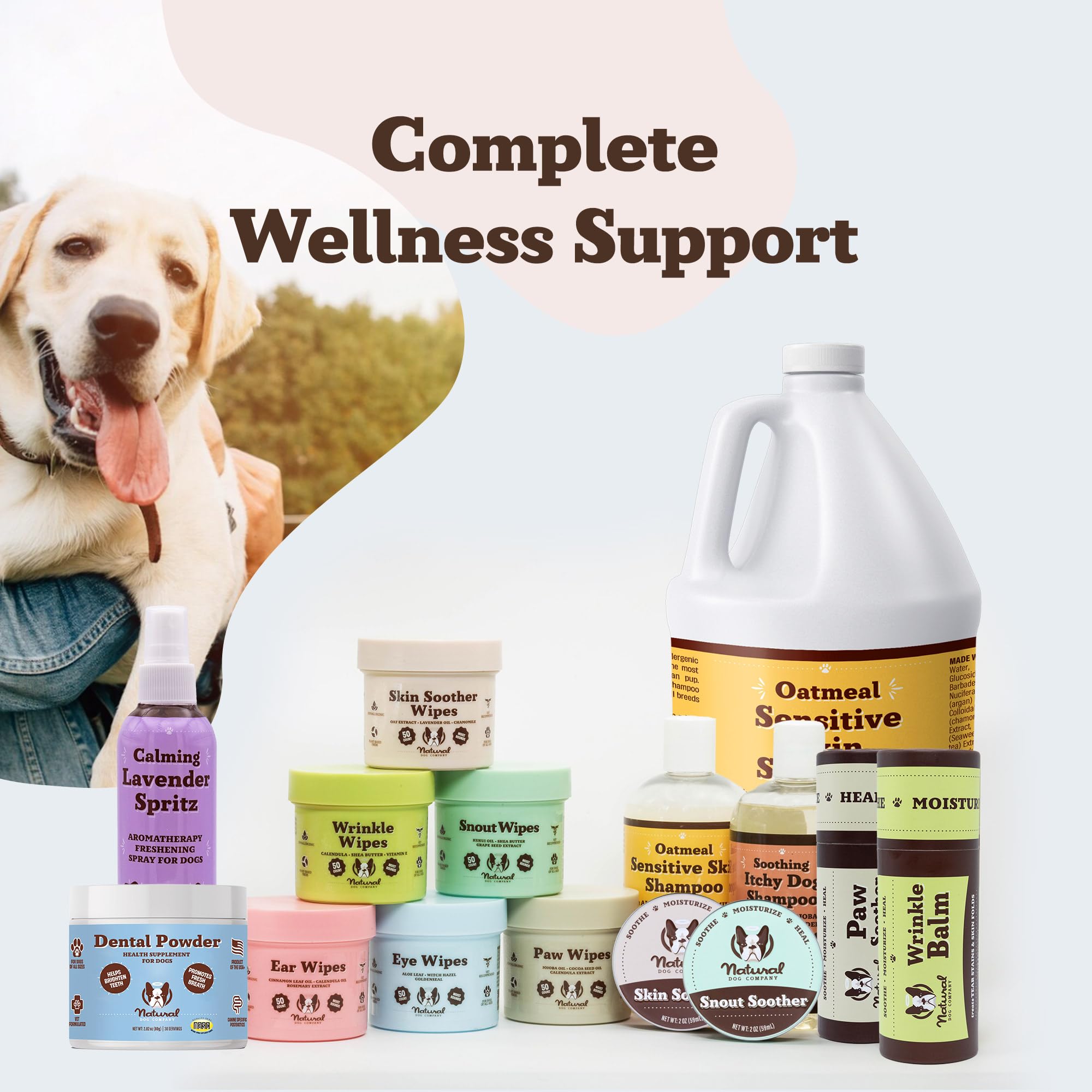 Natural Dog Company dental powder shown with dog, fresh breath potential after daily use