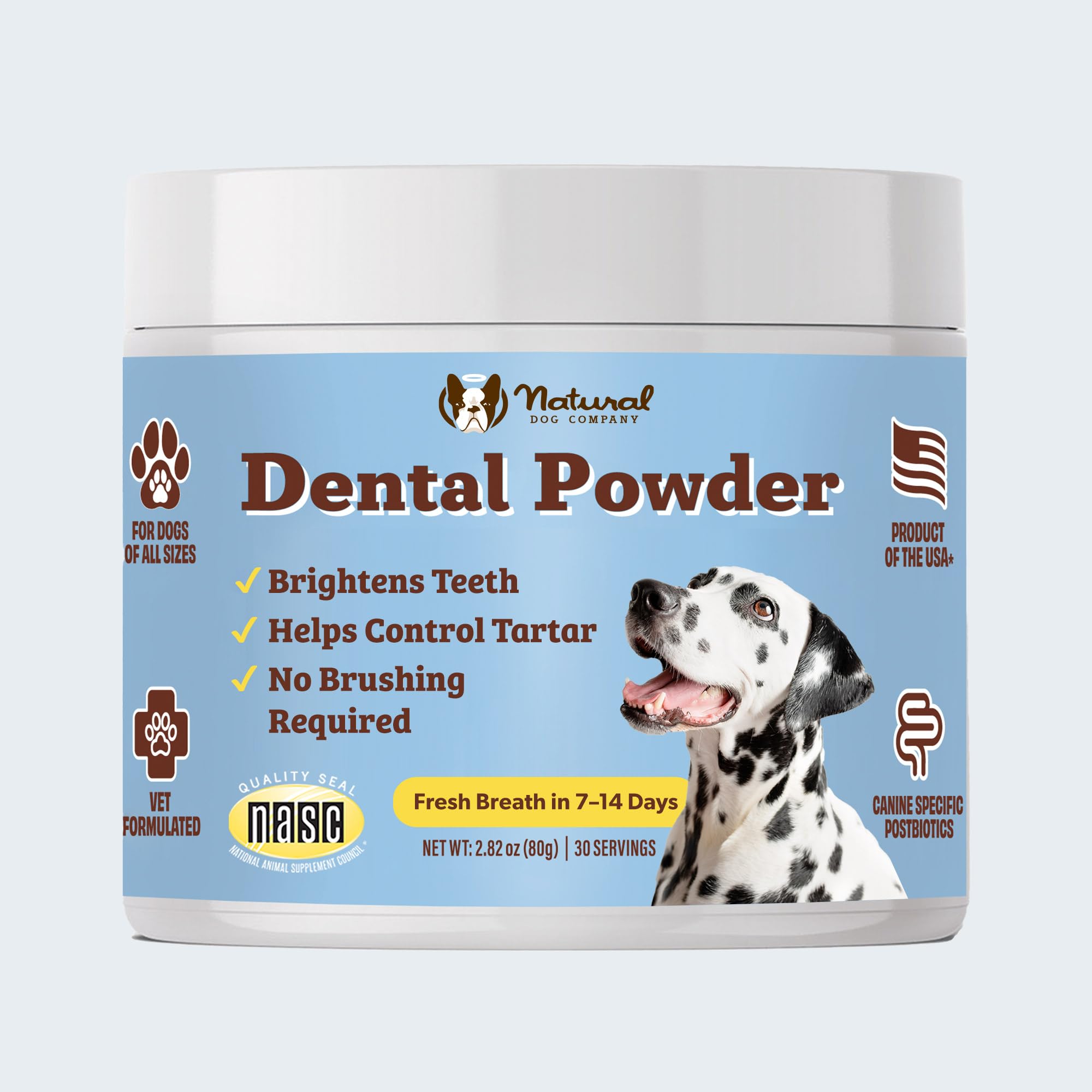 Natural Dog Company dental powder tub front shows fresher breath potential with daily sprinkle