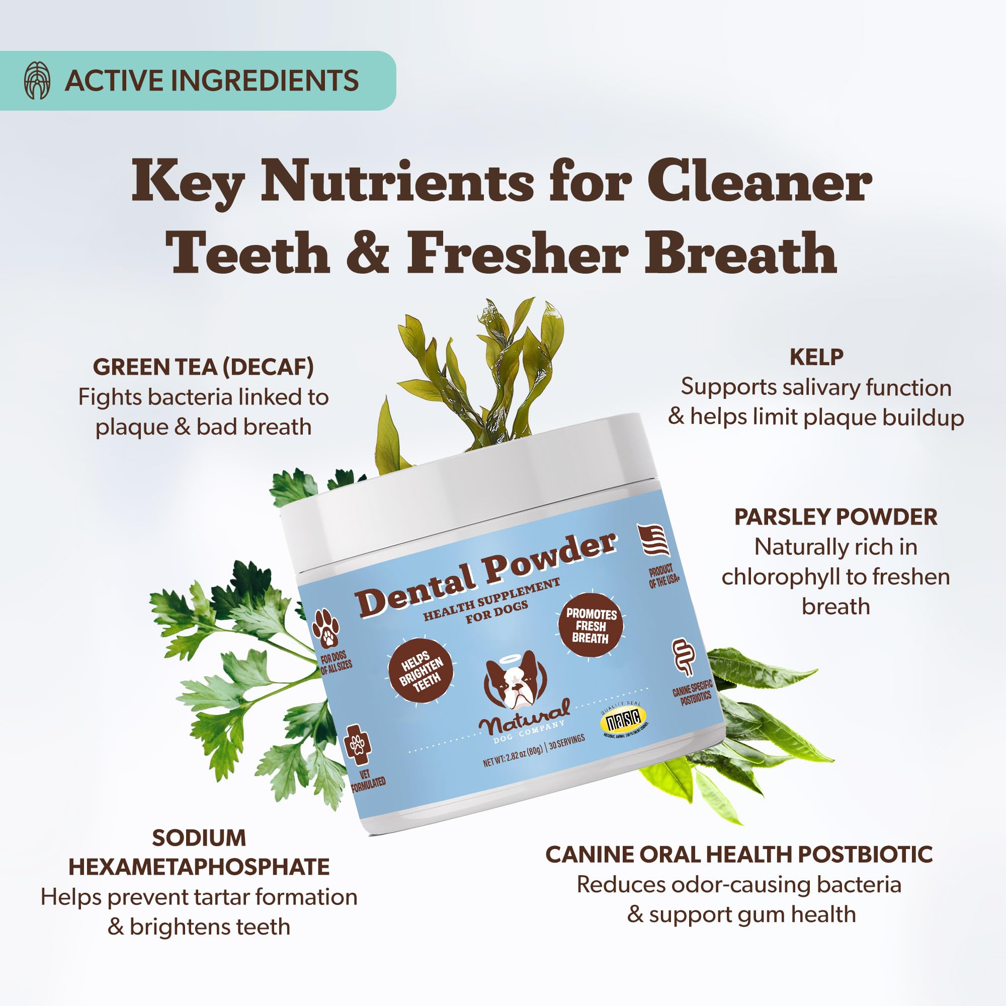 Natural Dog Company dental powder USA-made packaging signals quality and care