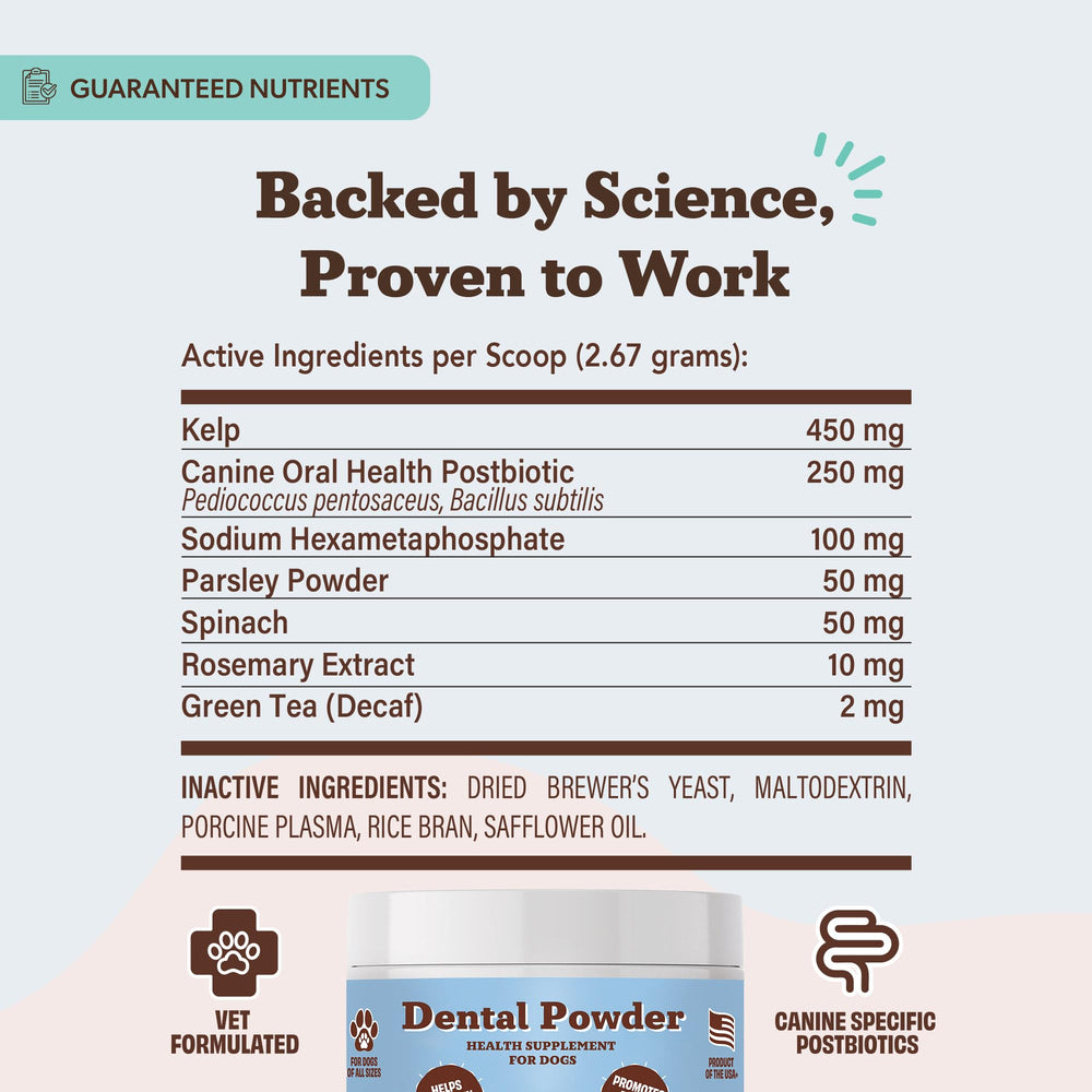 Natural Dog Company dental powder vet formulated NASC badge on packaging