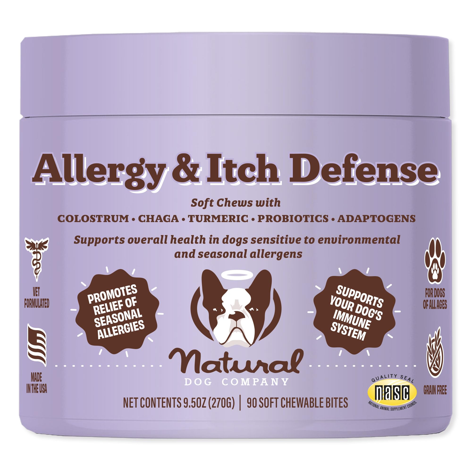 Natural Dog Company dosing guide visuals show simple daily chews for dogs of all sizes.