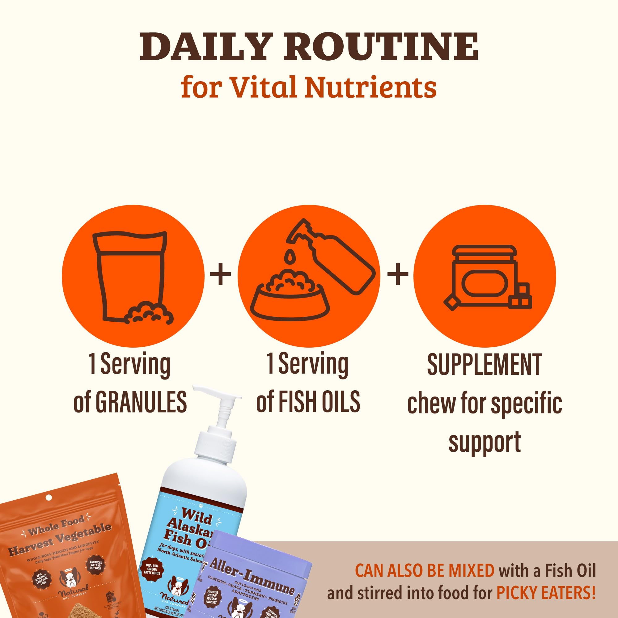Natural Dog Company granules with fish oil duo boost daily nutrient intake.