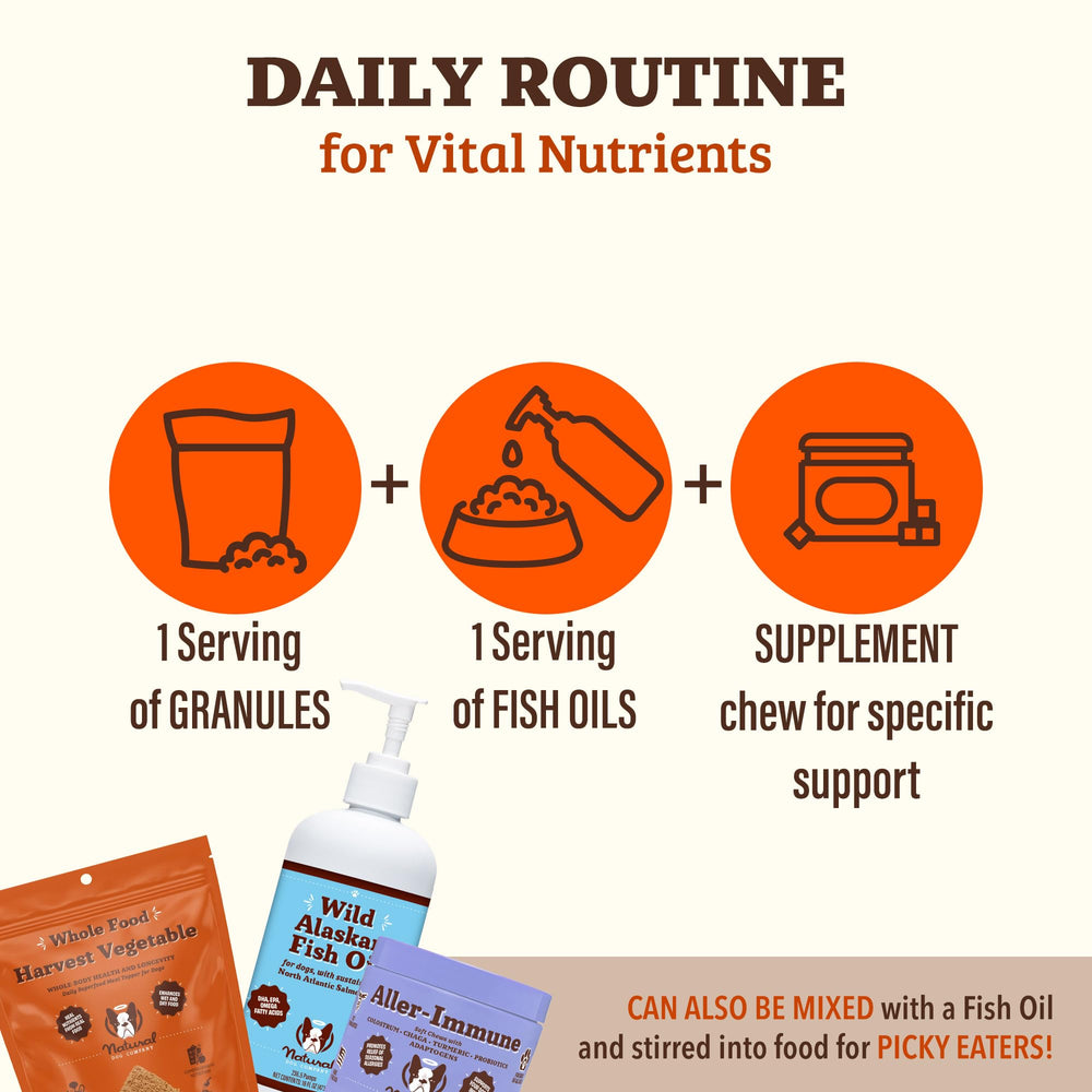 Natural Dog Company granules with fish oil duo boost daily nutrient intake.