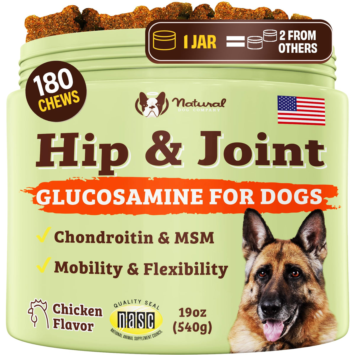 Natural Dog Company hip-joint chews closeup showing joint support texture