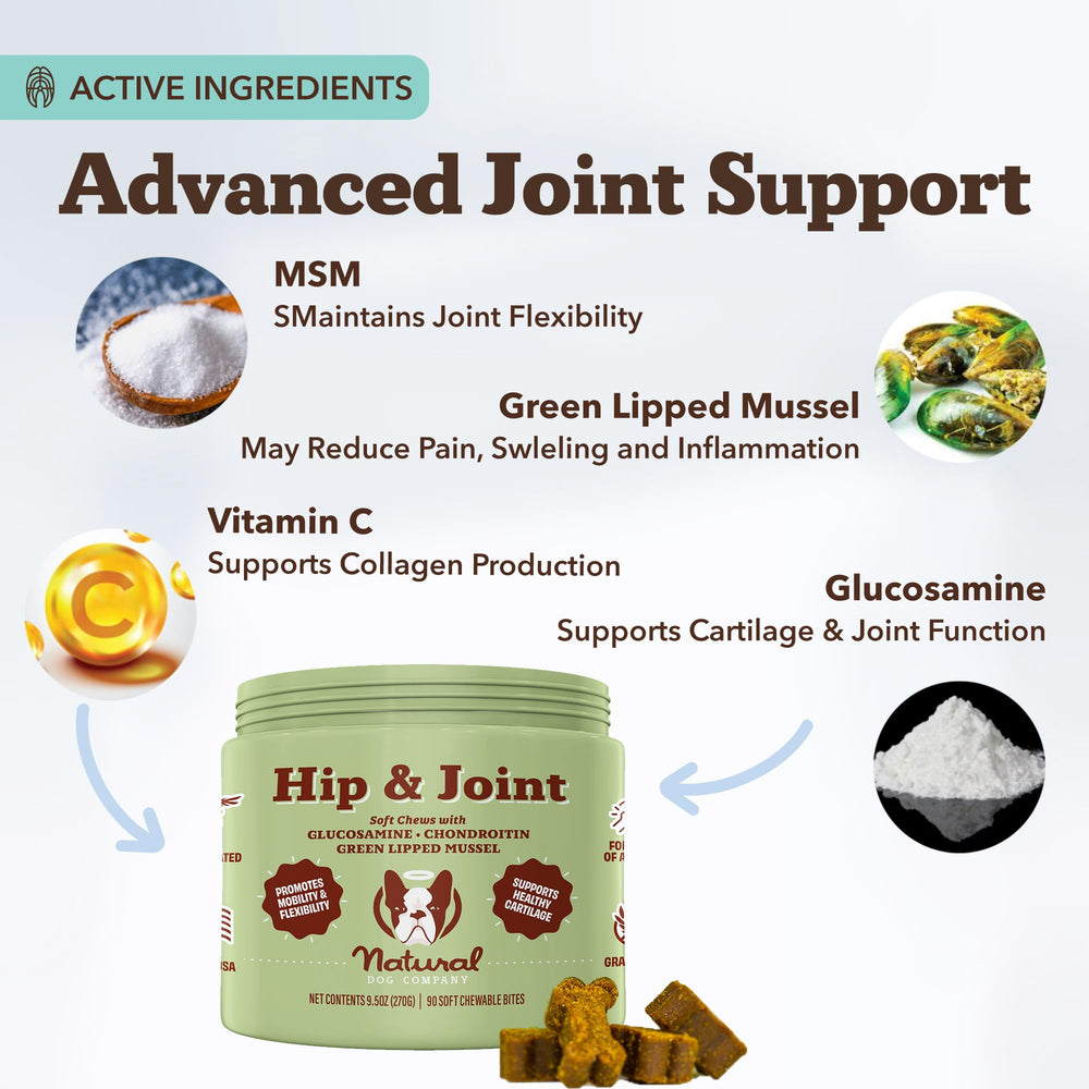 Natural Dog Company hip-joint formula ingredients highlight glucosamine and turmeric benefits.