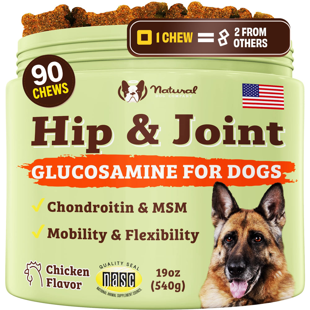 Natural Dog Company hip-joint supplement bottle closeup showing product packaging and label.