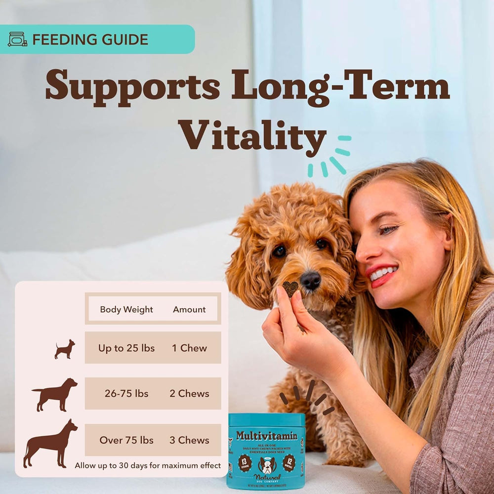 Natural Dog Company immune and heart support chews on countertop