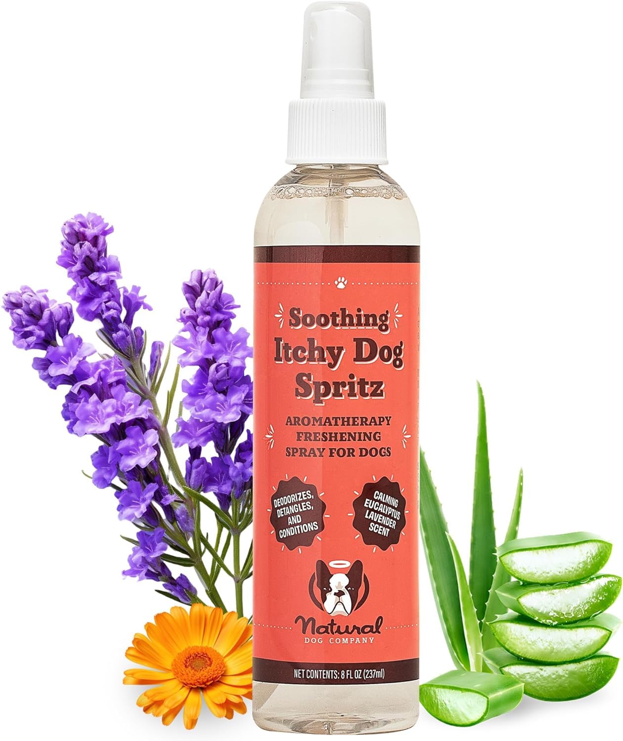 Natural Dog Company Itchy Dog Spritz with aloe, lavender, calendula ingredients.