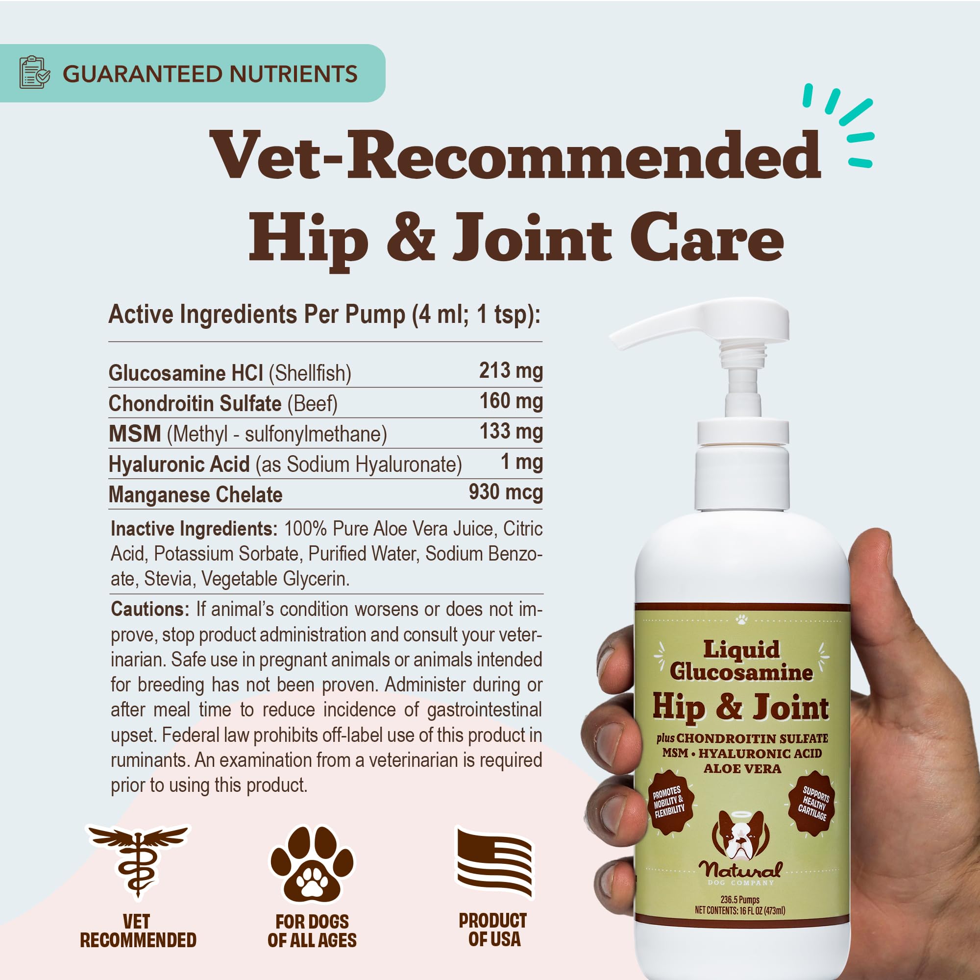 Natural Dog Company Liquid Glucosamine for large-breed dogs showcasing joint support.