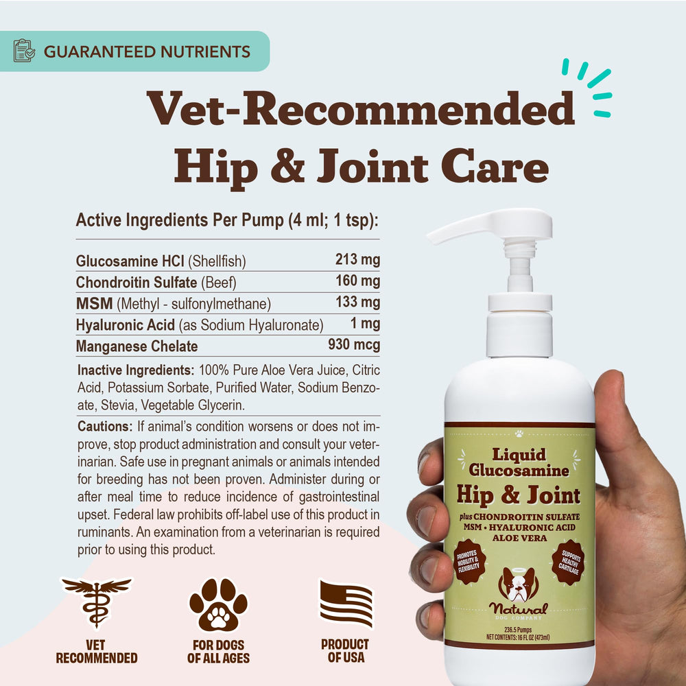 Natural Dog Company Liquid Glucosamine for large-breed dogs showcasing joint support.