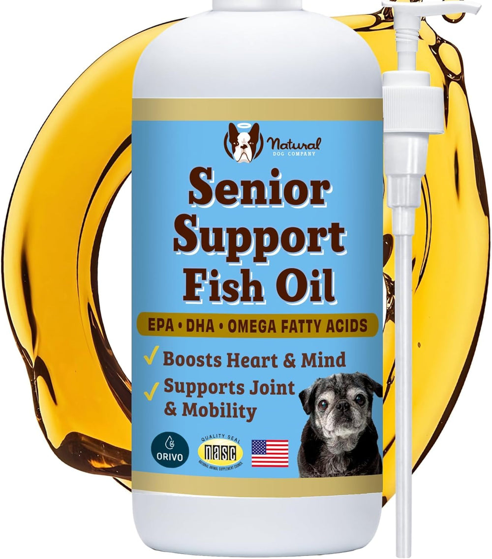 Natural Dog Company Omega-3 Fish Oil bottle highlighting senior dog mobility and coat health