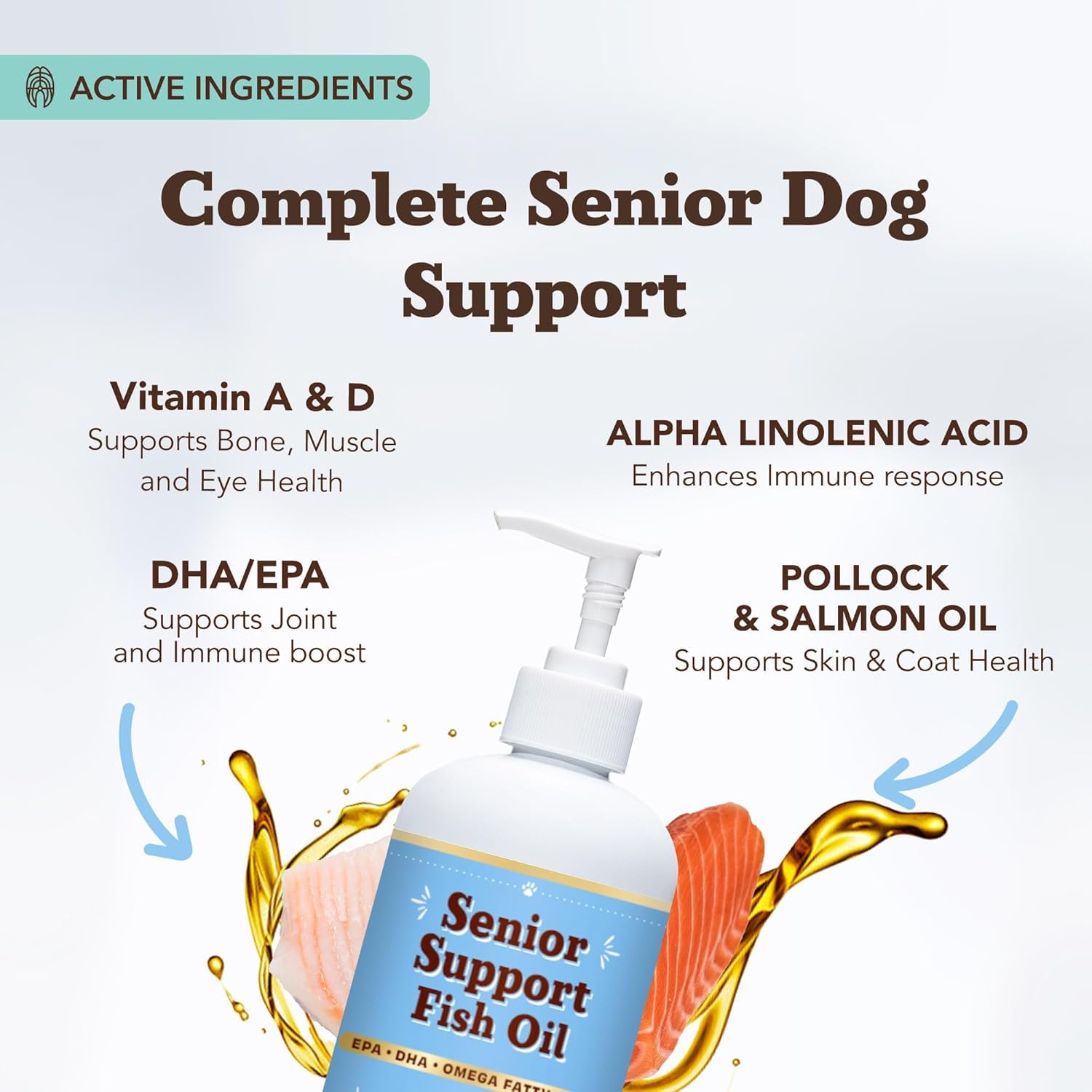 Natural Dog Company Omega-3 Fish Oil label emphasizes turmeric and salmon ingredients for seniors