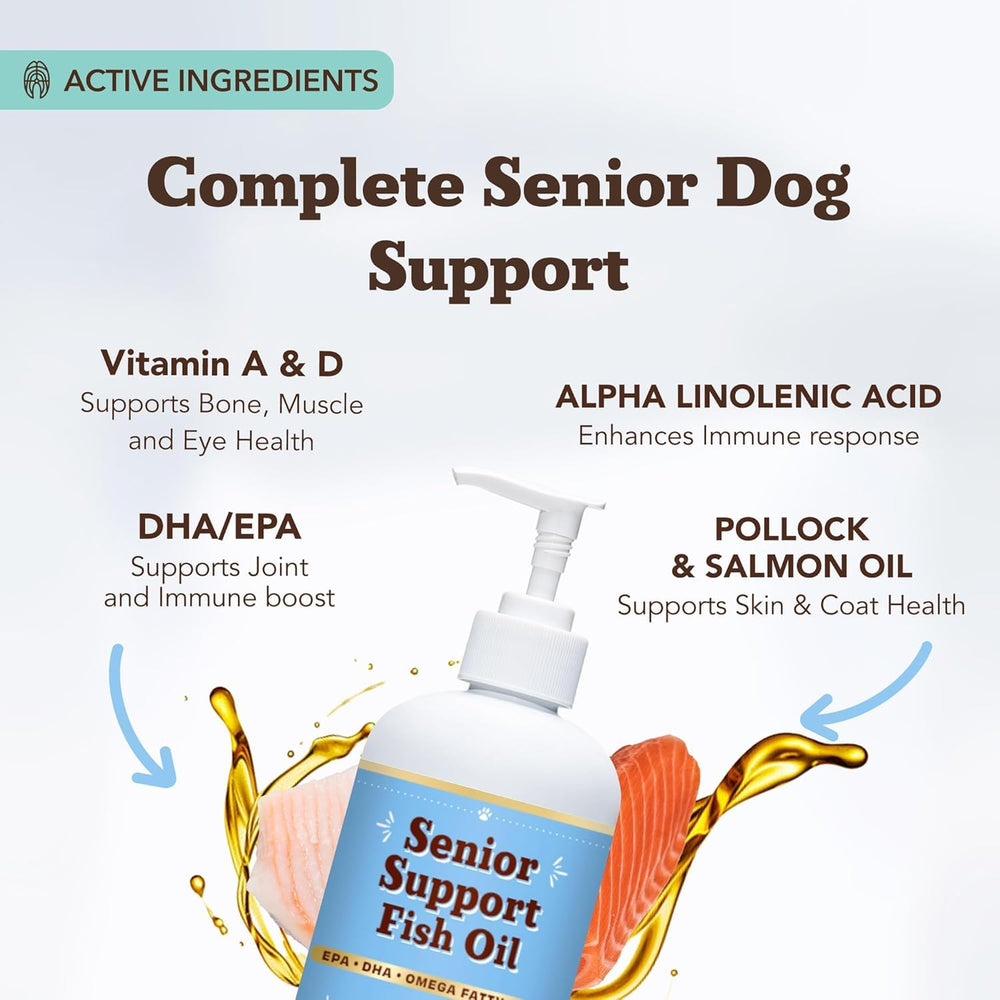 Natural Dog Company Omega-3 Fish Oil label emphasizes turmeric and salmon ingredients for seniors