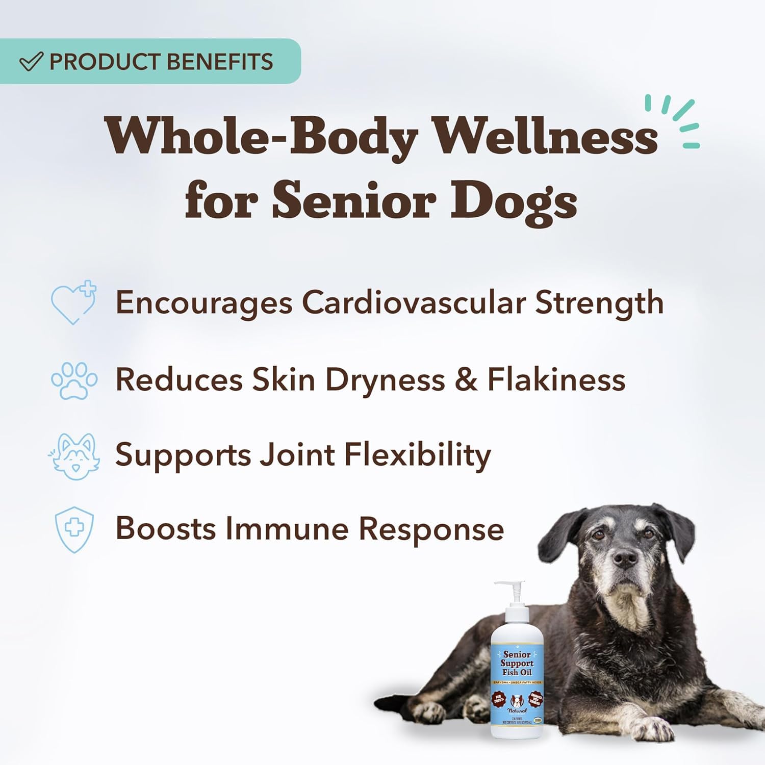 Natural Dog Company Omega-3 Fish Oil pour demonstrates easy dosing for aging dogs