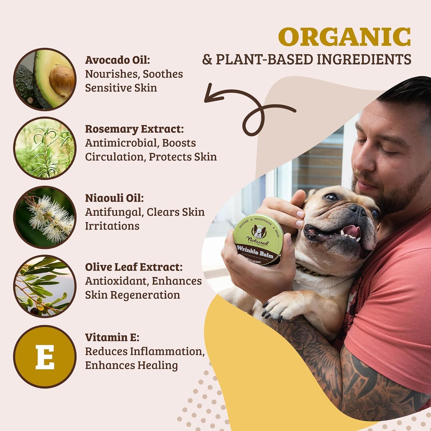 Natural Dog Company vegan ingredients like mango butter and rice bran oil for healthy skin.