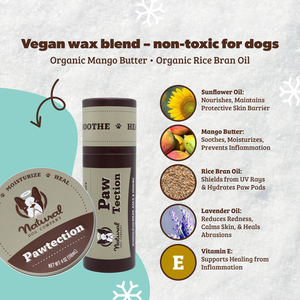 Natural Dog Company PawTection Balm ingredient blend supports paw comfort with shea butter and calendula