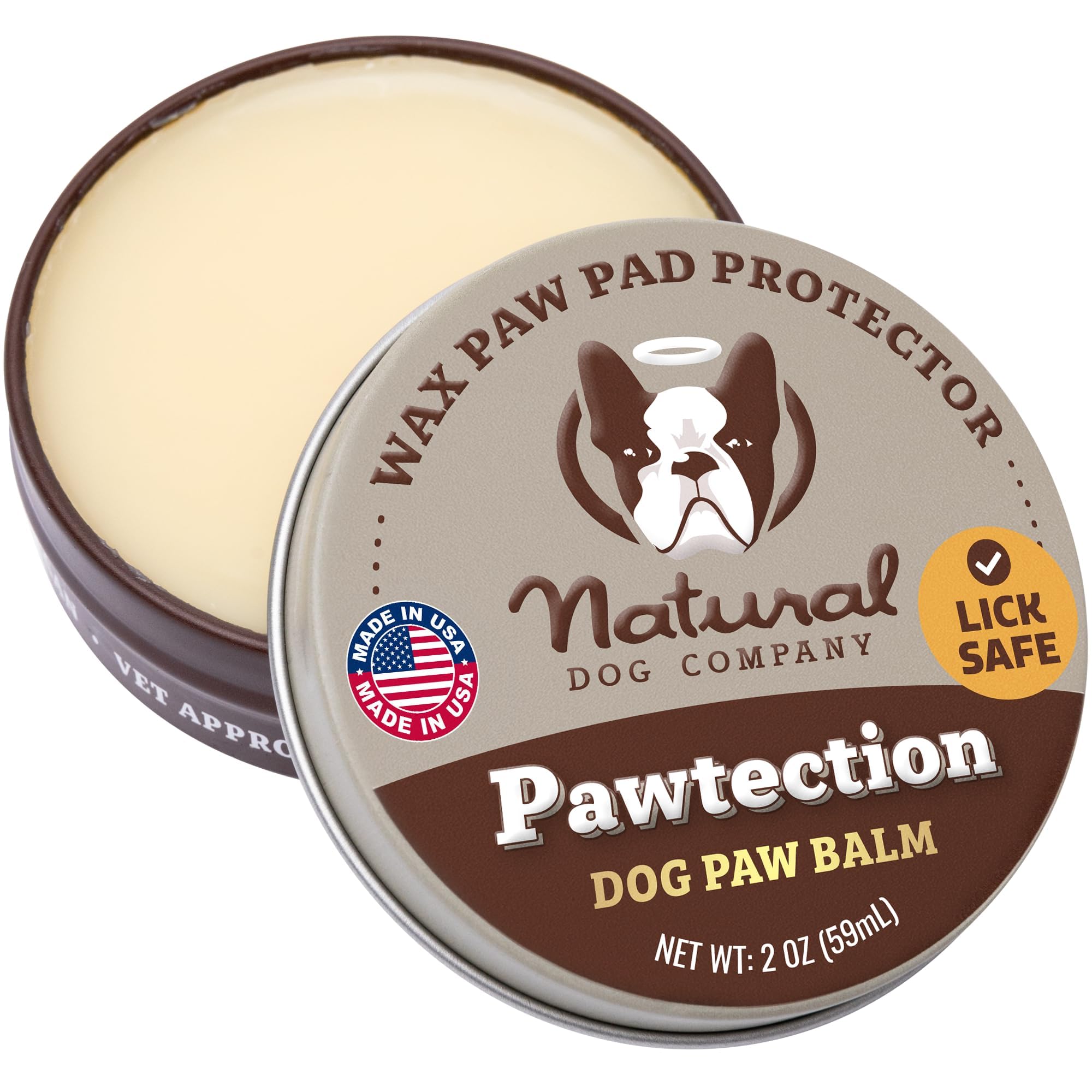 Natural Dog Company PawTection Balm tin 2oz closeup showing protective wax for paw pads.