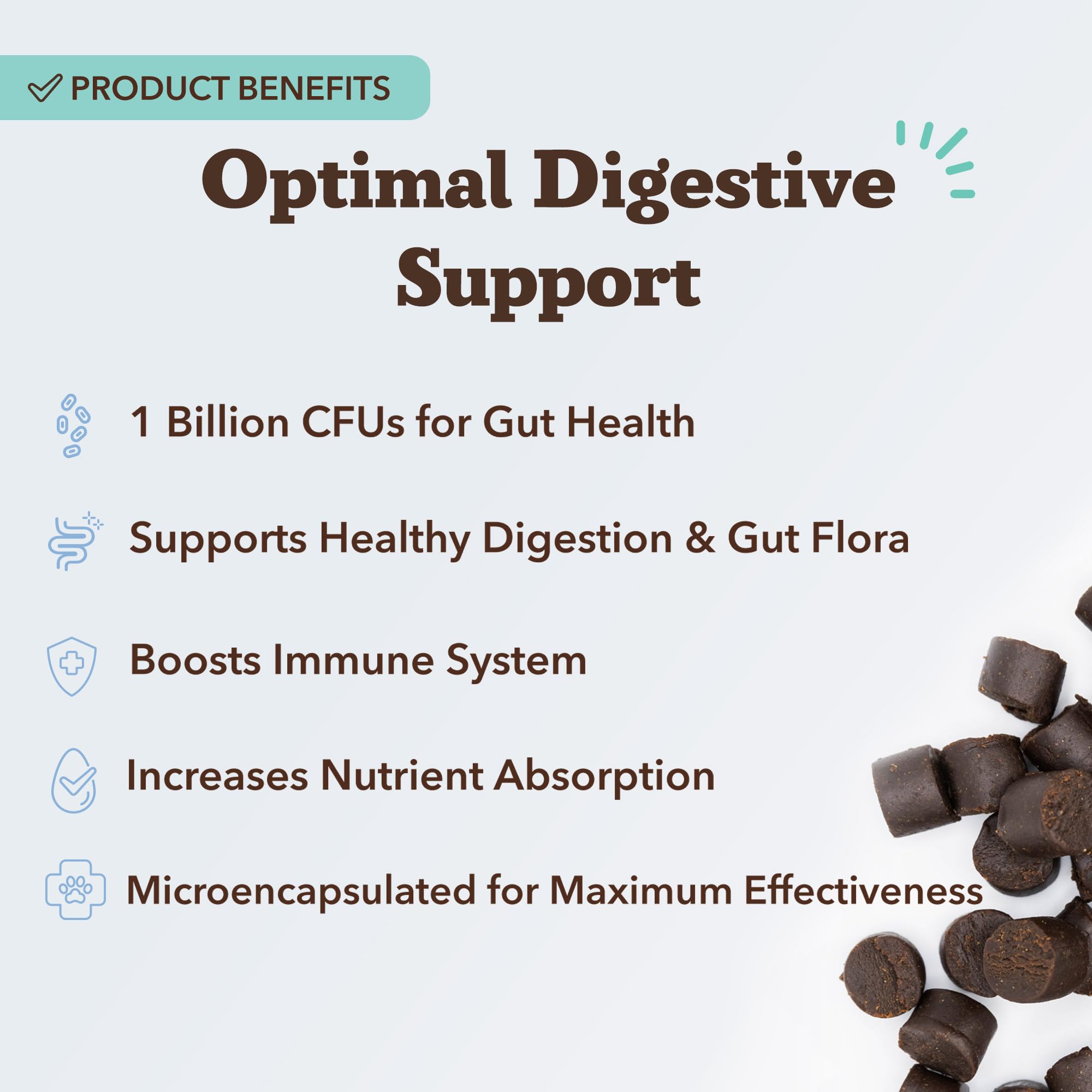 Natural Dog Company probiotics chews closeup highlights microencapsulation for better enzyme delivery.