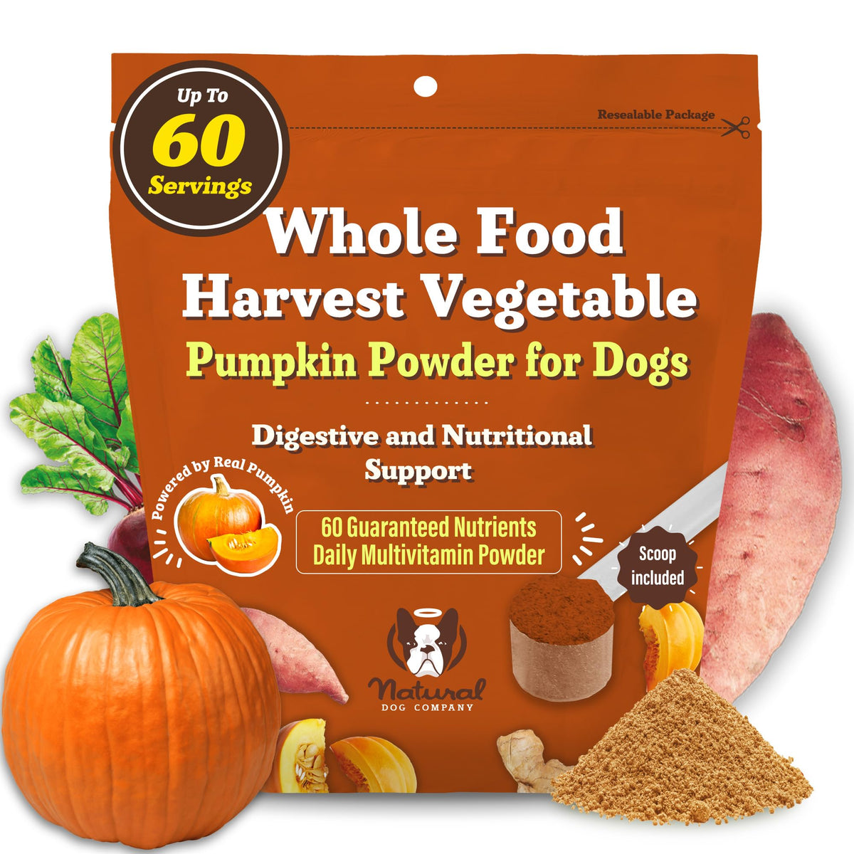 Natural Dog Company pumpkin-digestive-topper served over kibble supports gut-friendly nutrition.