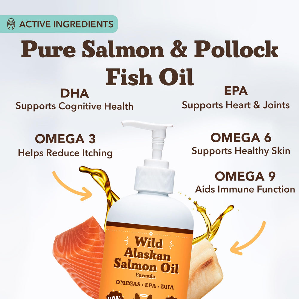 Natural Dog Company salmon oil bottle highlights skin and coat health