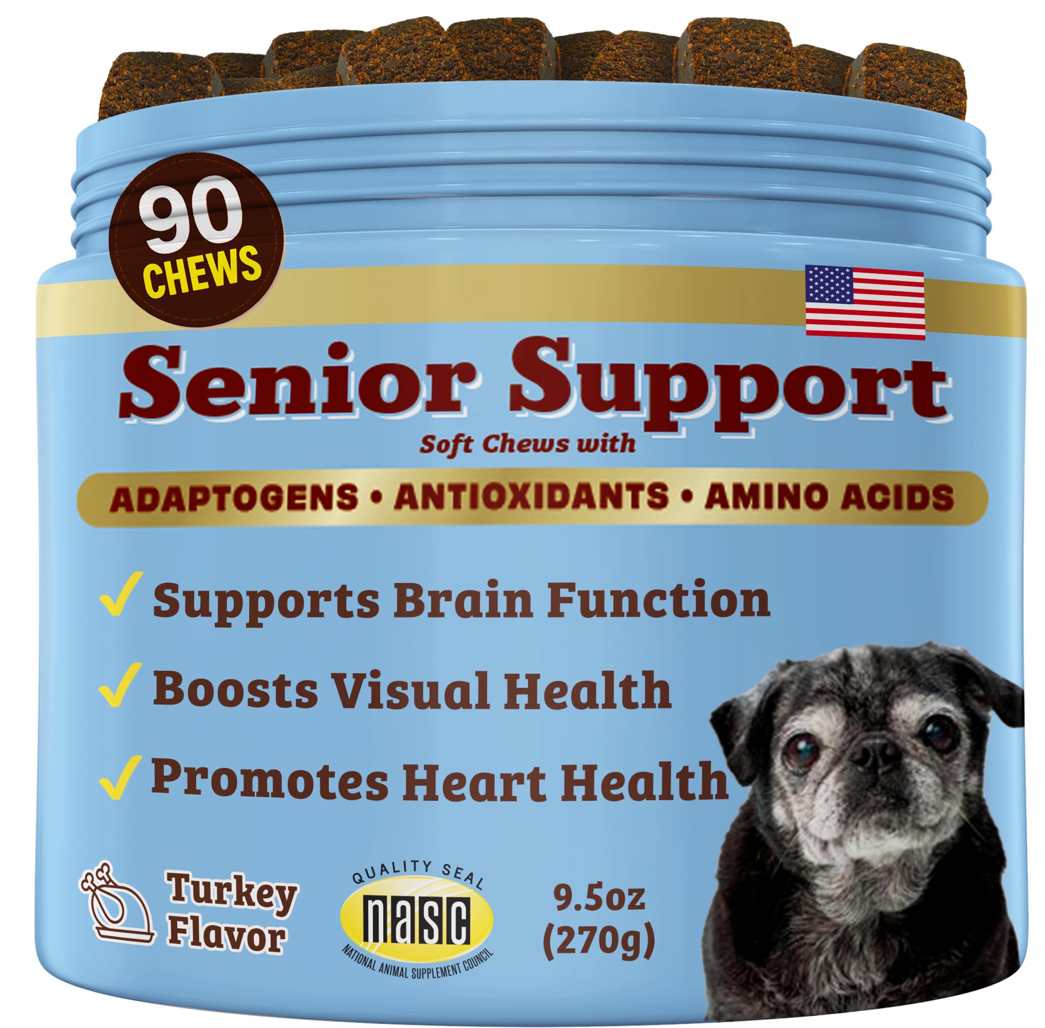 Natural Dog Company Senior Dog Vitamins chew brain cognition support for alertness.