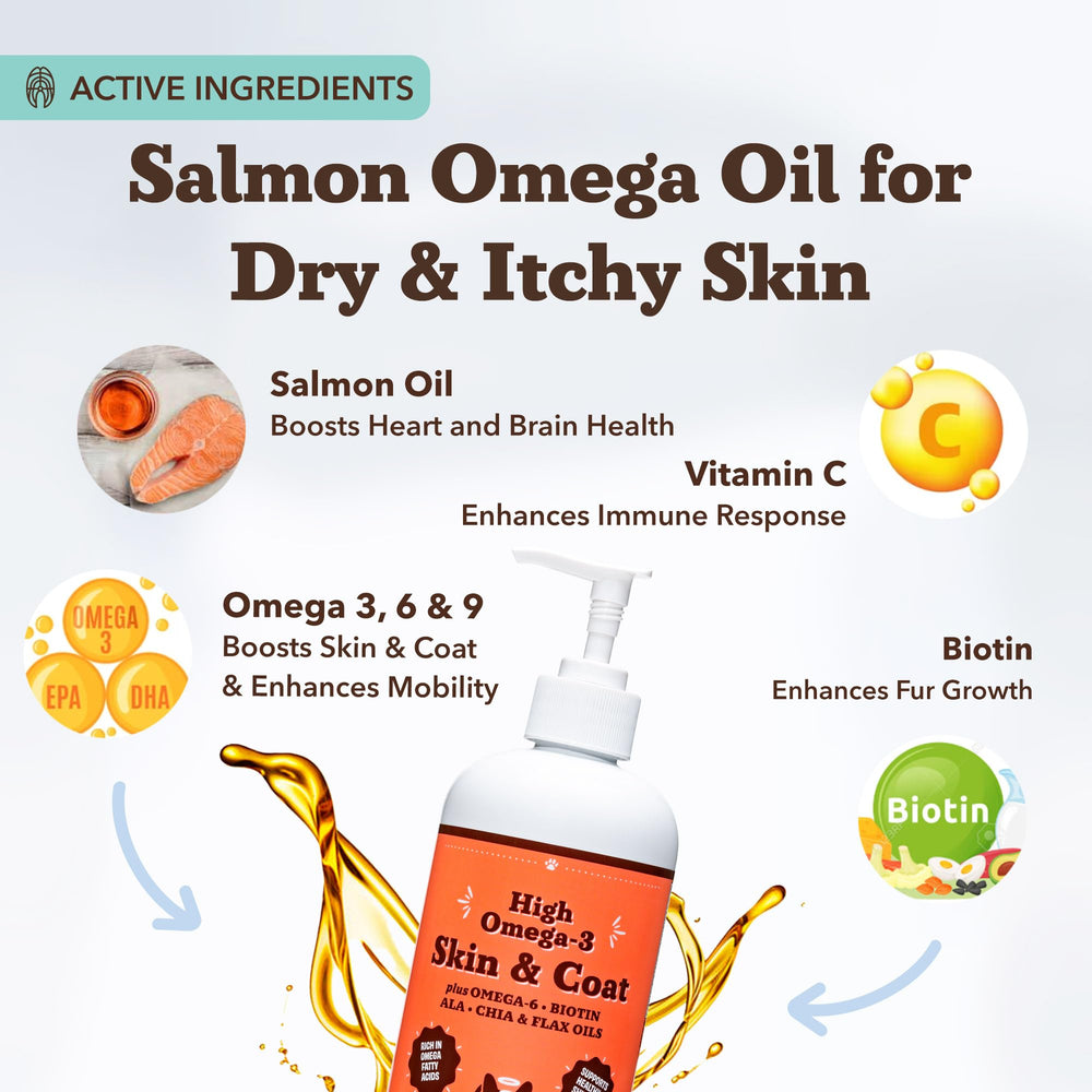 Close-up of Natural Dog Company Skin & Coat Oil label highlighting premium formula