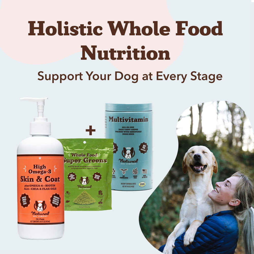 Pour-and-serve view of Natural Dog Company Skin & Coat Oil during feeding