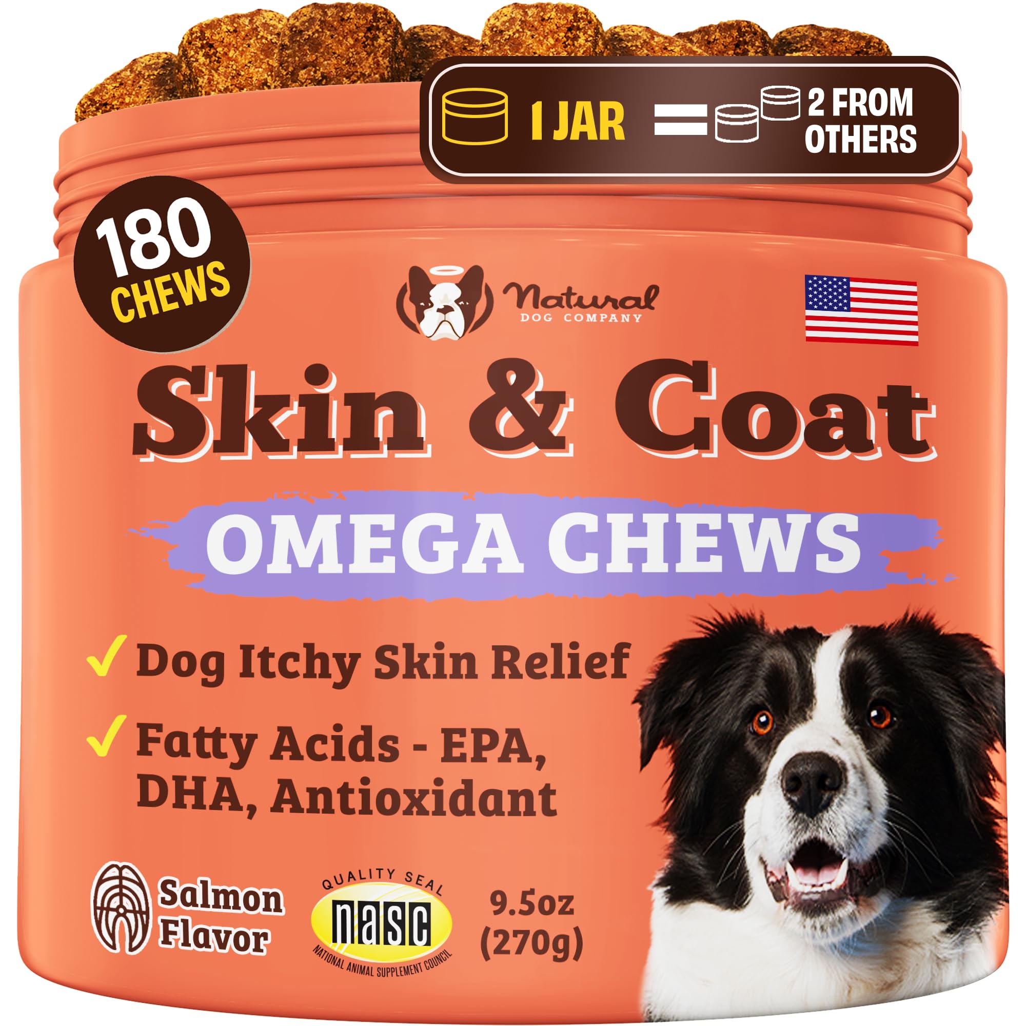 Natural Dog Company skin coat salmon oil bottle highlights omega-3 benefits for a glossy coat