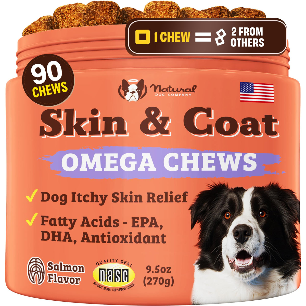 Natural Dog Company Skin & Coat supplement bottle label highlights omega-3 benefits for a shinier coat