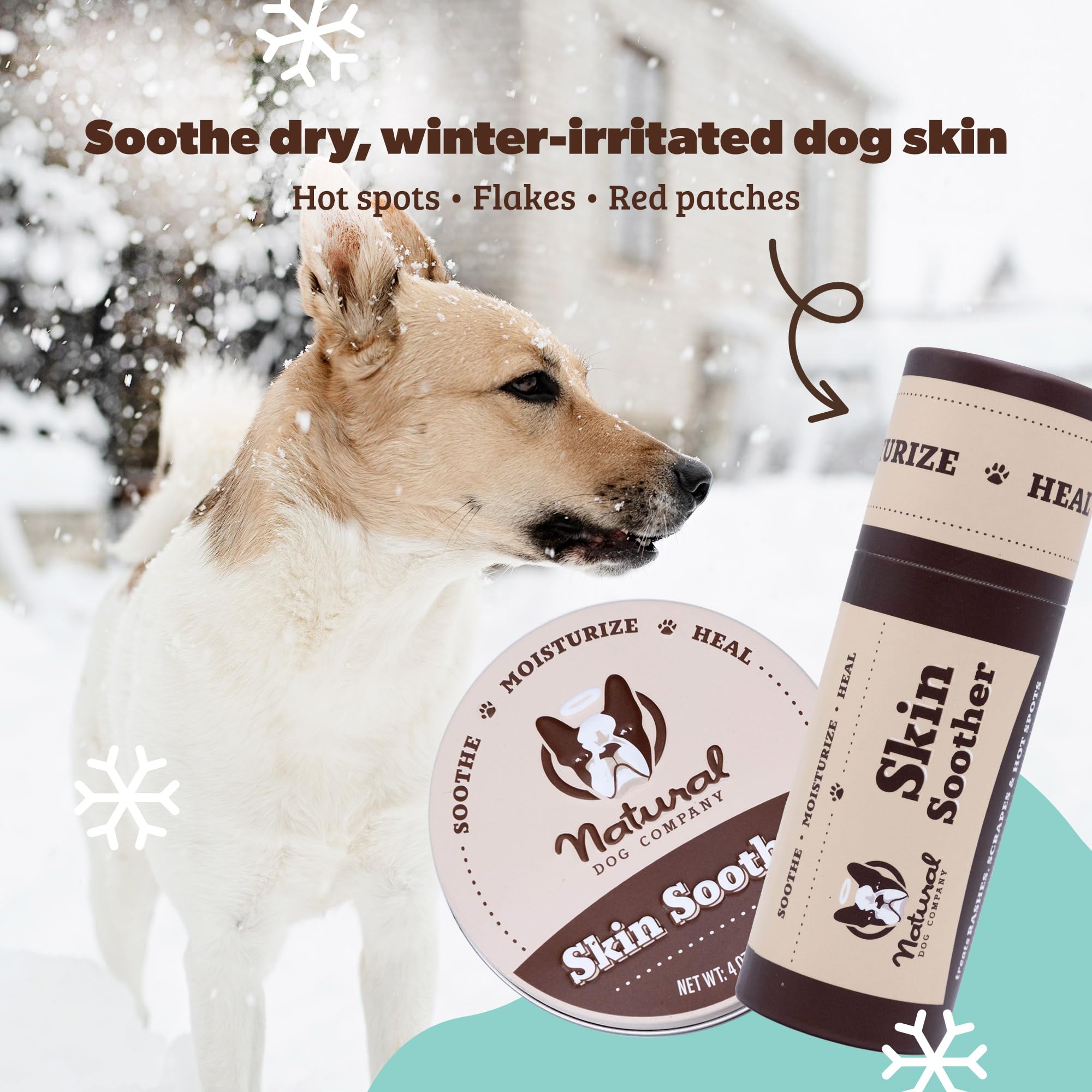 Natural Dog Company Skin Soother balm on dog spot shows moisturized relief.