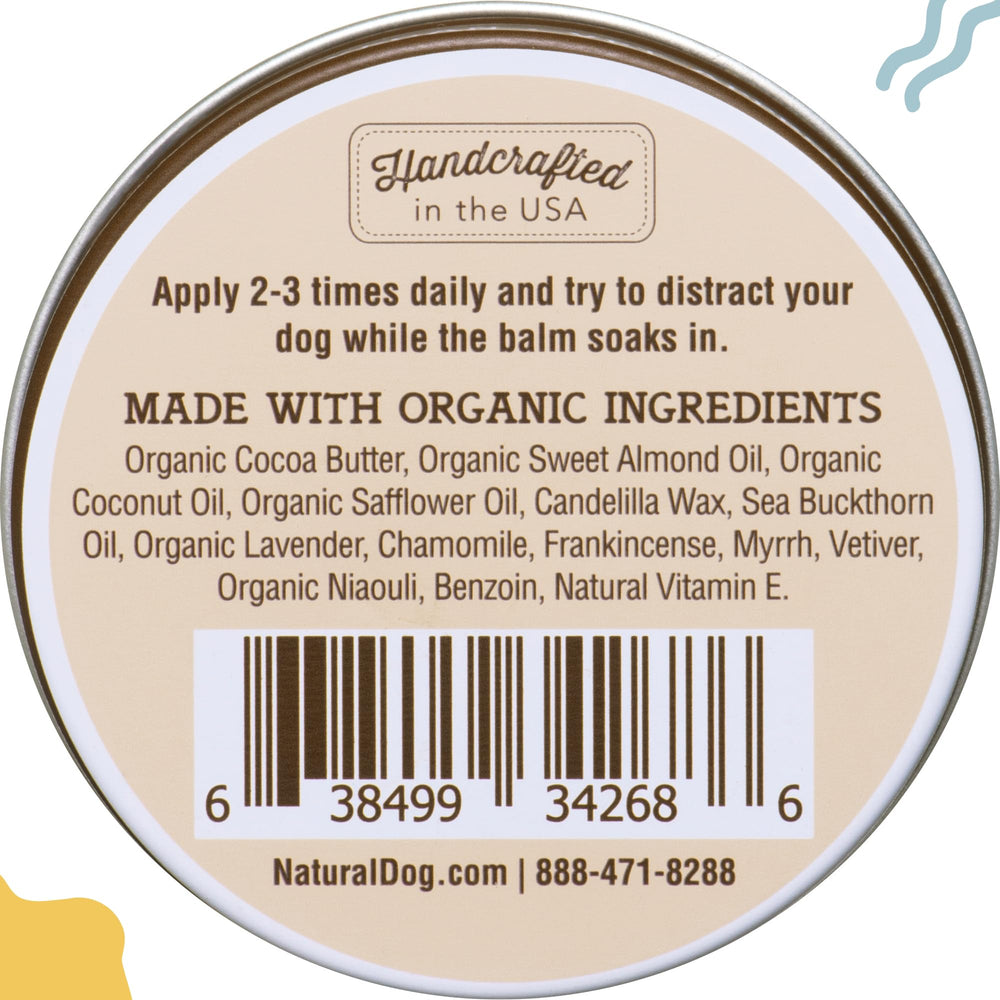 Natural Dog Company Skin Soother balm jar on counter.