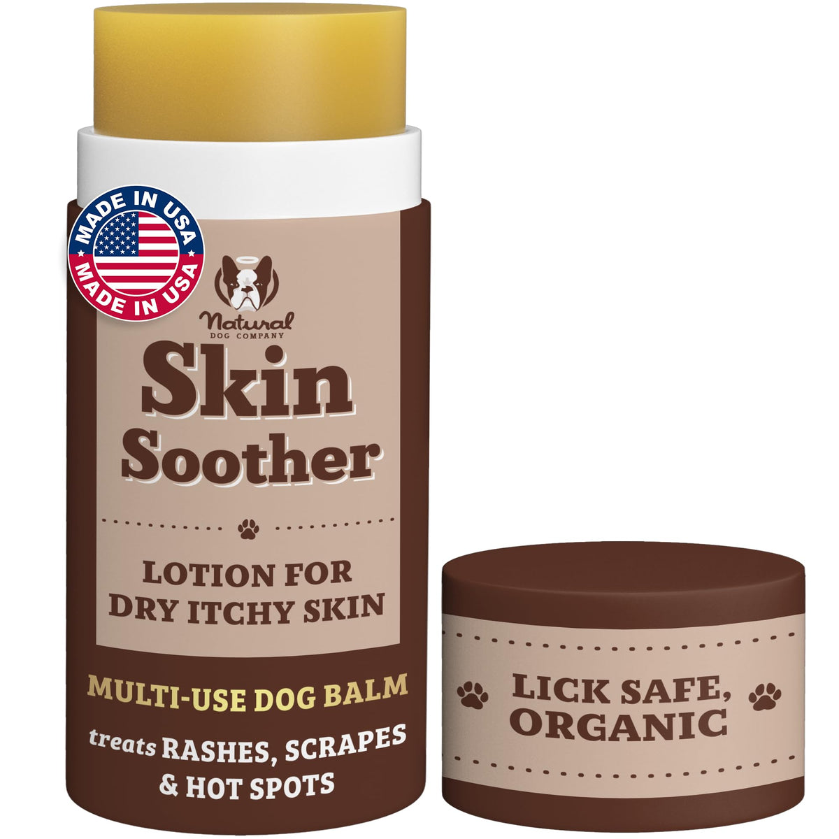 Natural Dog Company Skin Soother Balm Stick in use on irritated skin for quick relief.