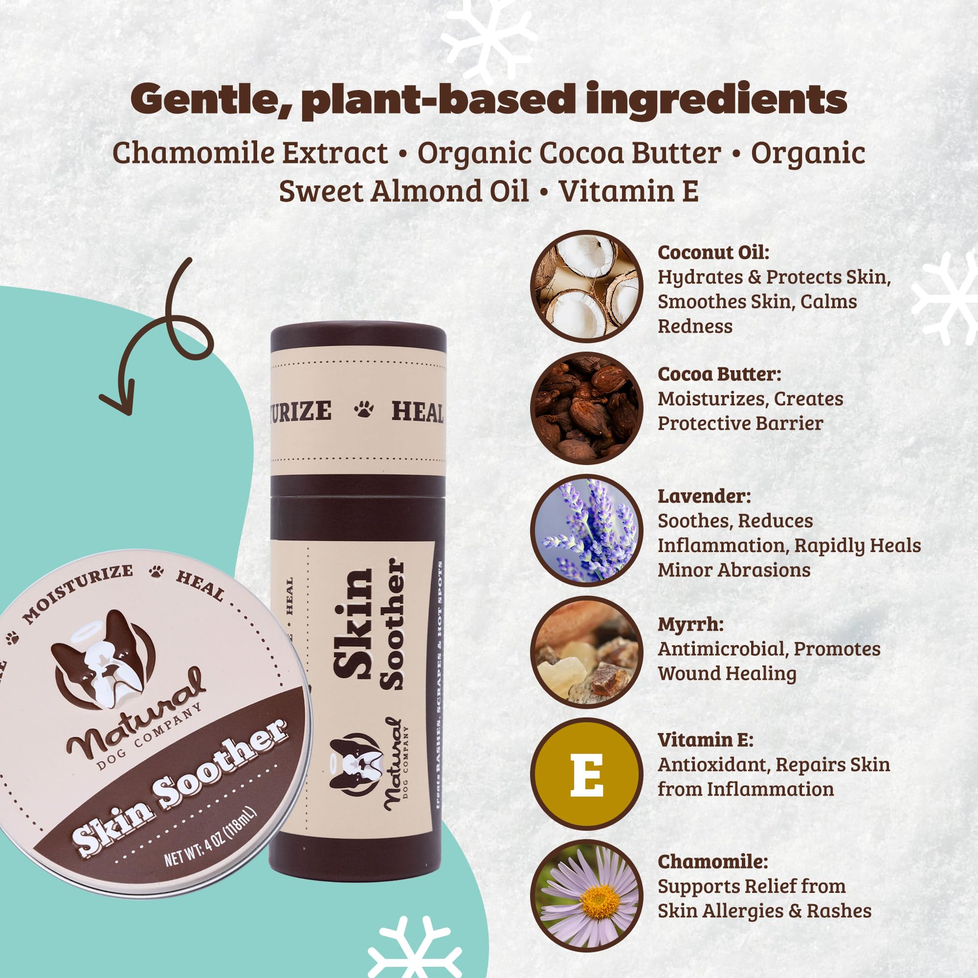 Natural Dog Company Skin Soother ingredients close-up highlights coconut oil and cocoa butter blend.