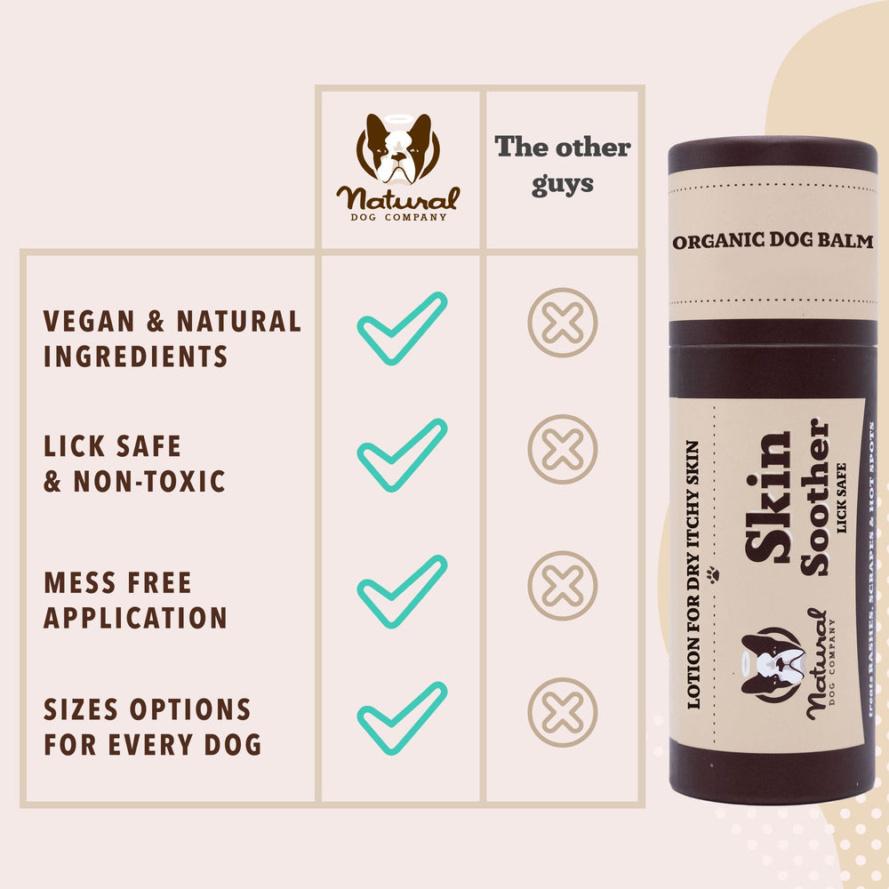 Natural Dog Company Skin Soother Balm Stick massaged onto a dog for on-the-spot relief.