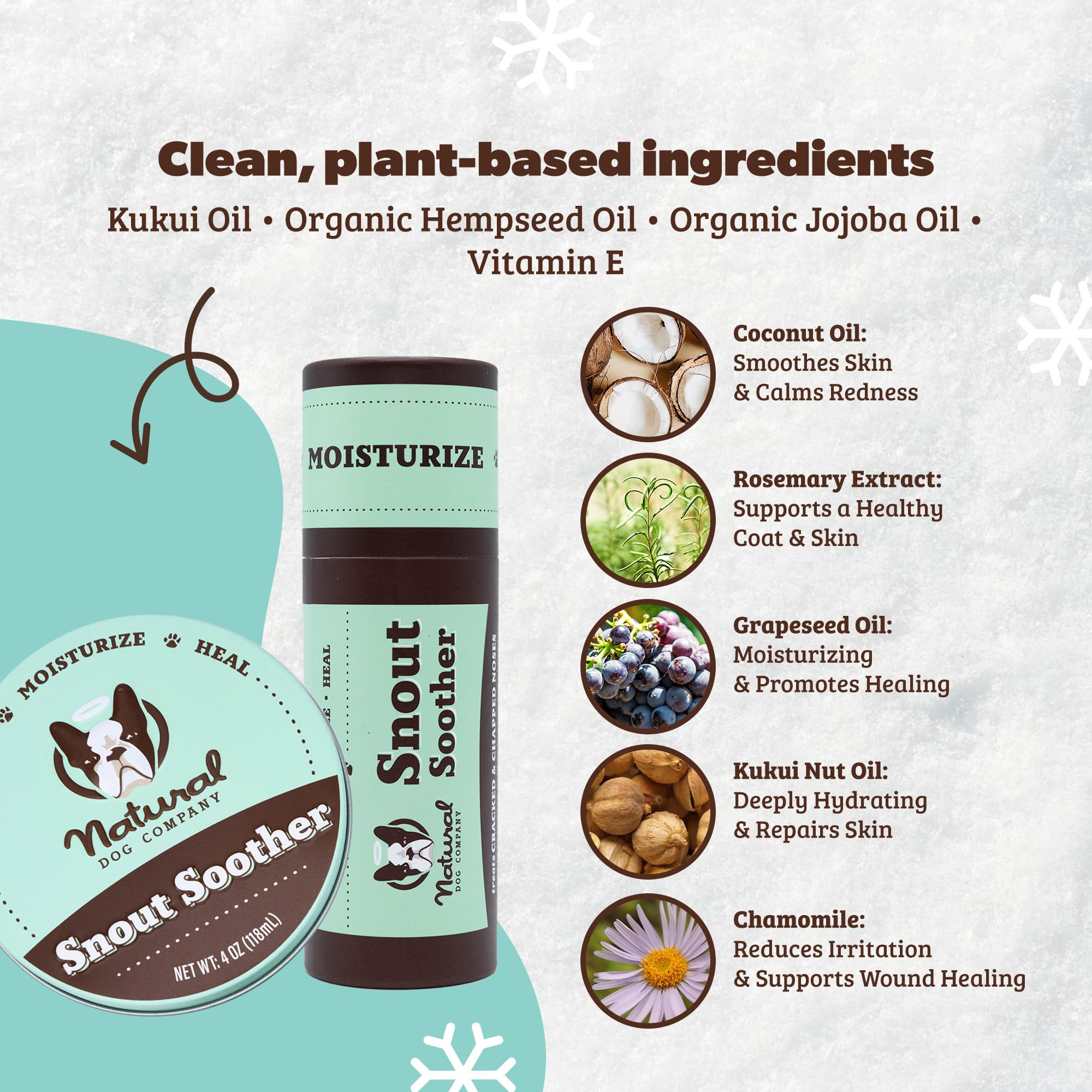 Natural Dog Company Snout Soother ingredients Kukui Oil highlighted for nourishing care.