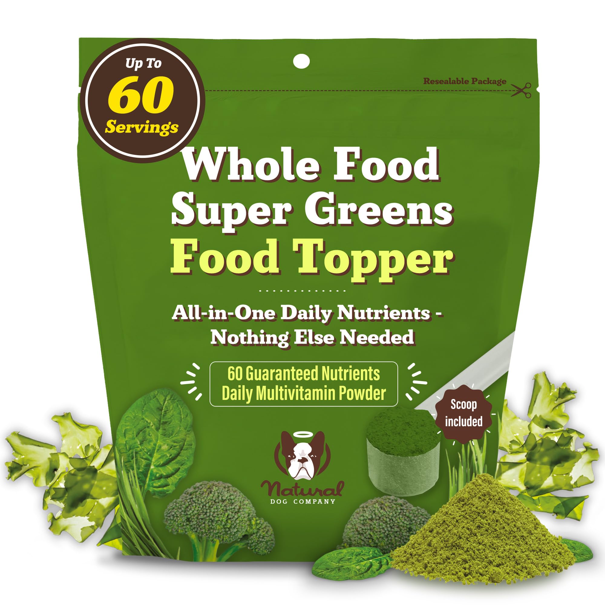 Natural Dog Company Super Greens bottle label highlights all-life-stages nutrition