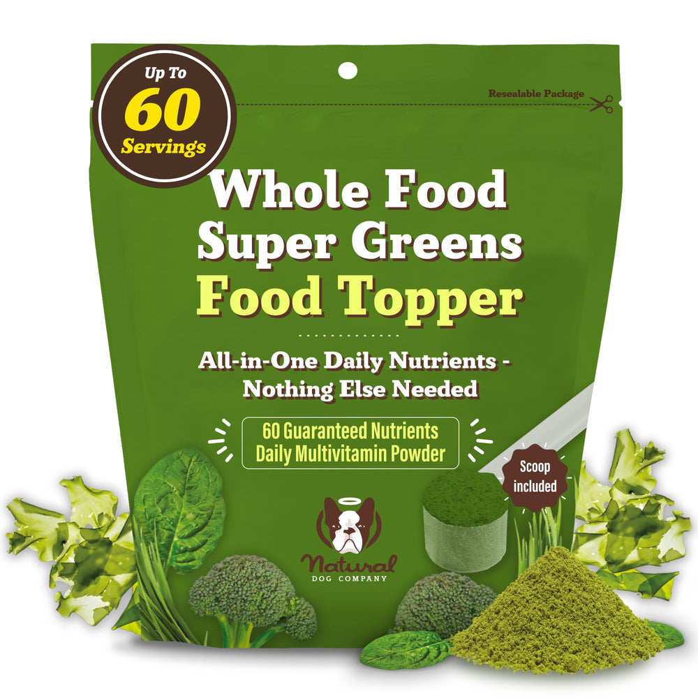Natural Dog Company Super Greens bottle label highlights all-life-stages nutrition