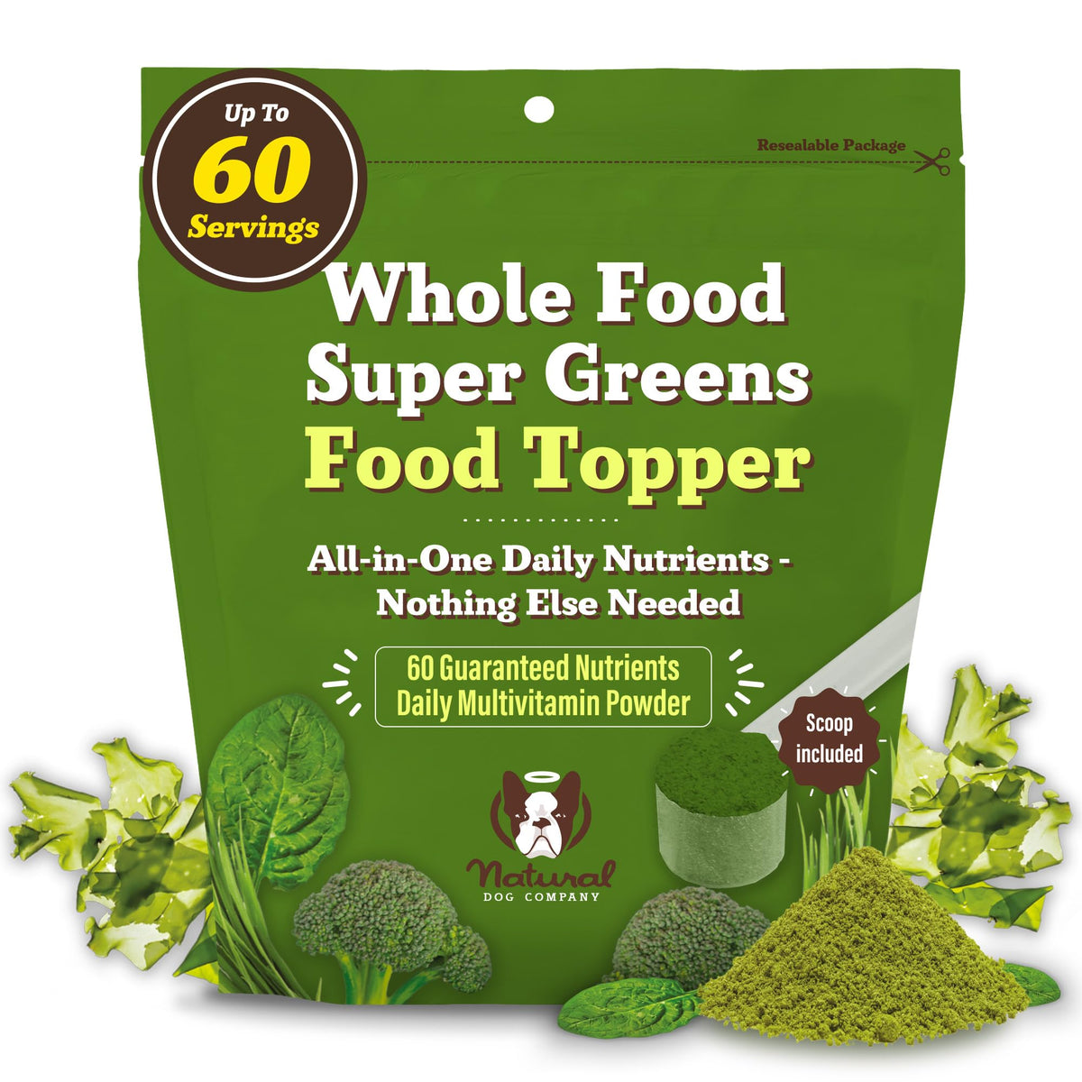 Natural Dog Company Super Greens bottle label highlights all-life-stages nutrition