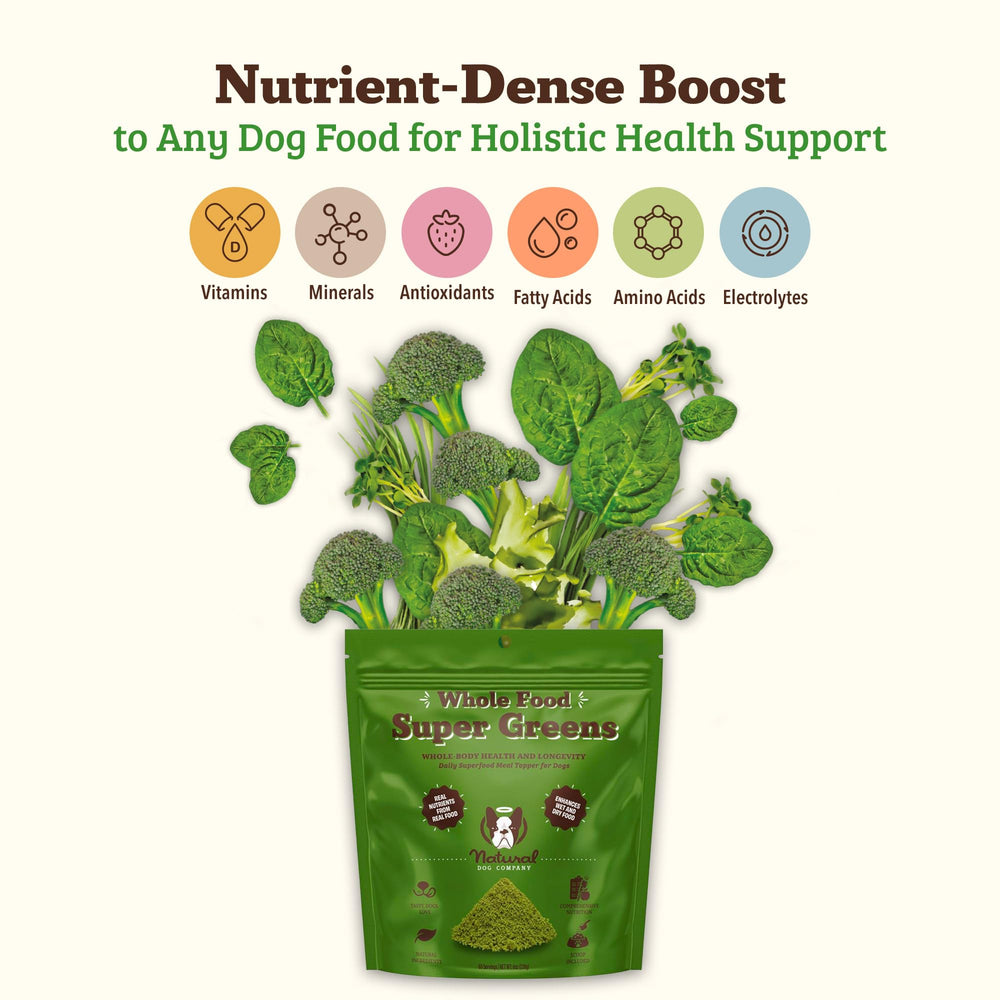 Natural Dog Company Super Greens bottle pour demonstrates easy meal topping