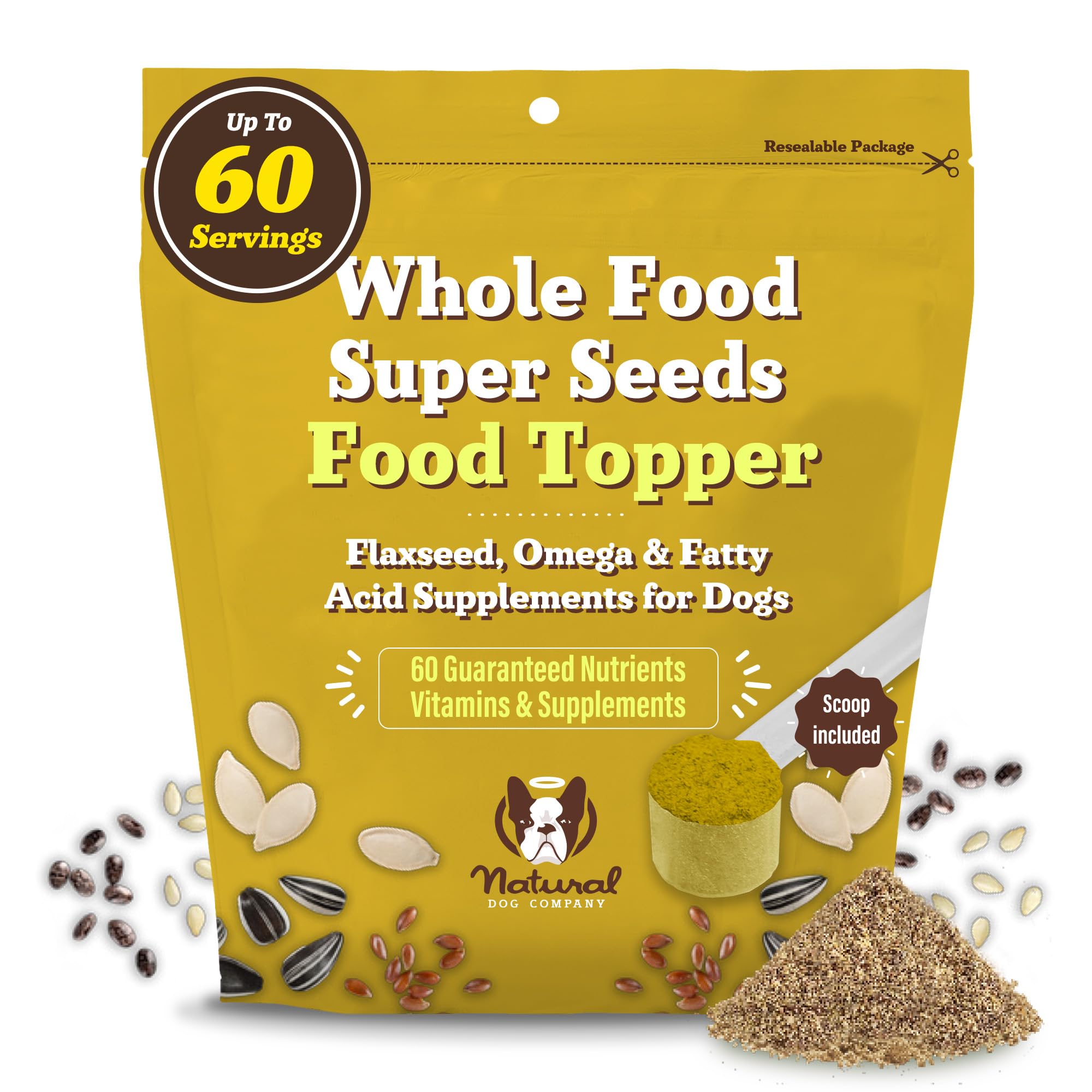 Natural Dog Company Super Seeds Topper supports omega-rich coat shine when added to meals.