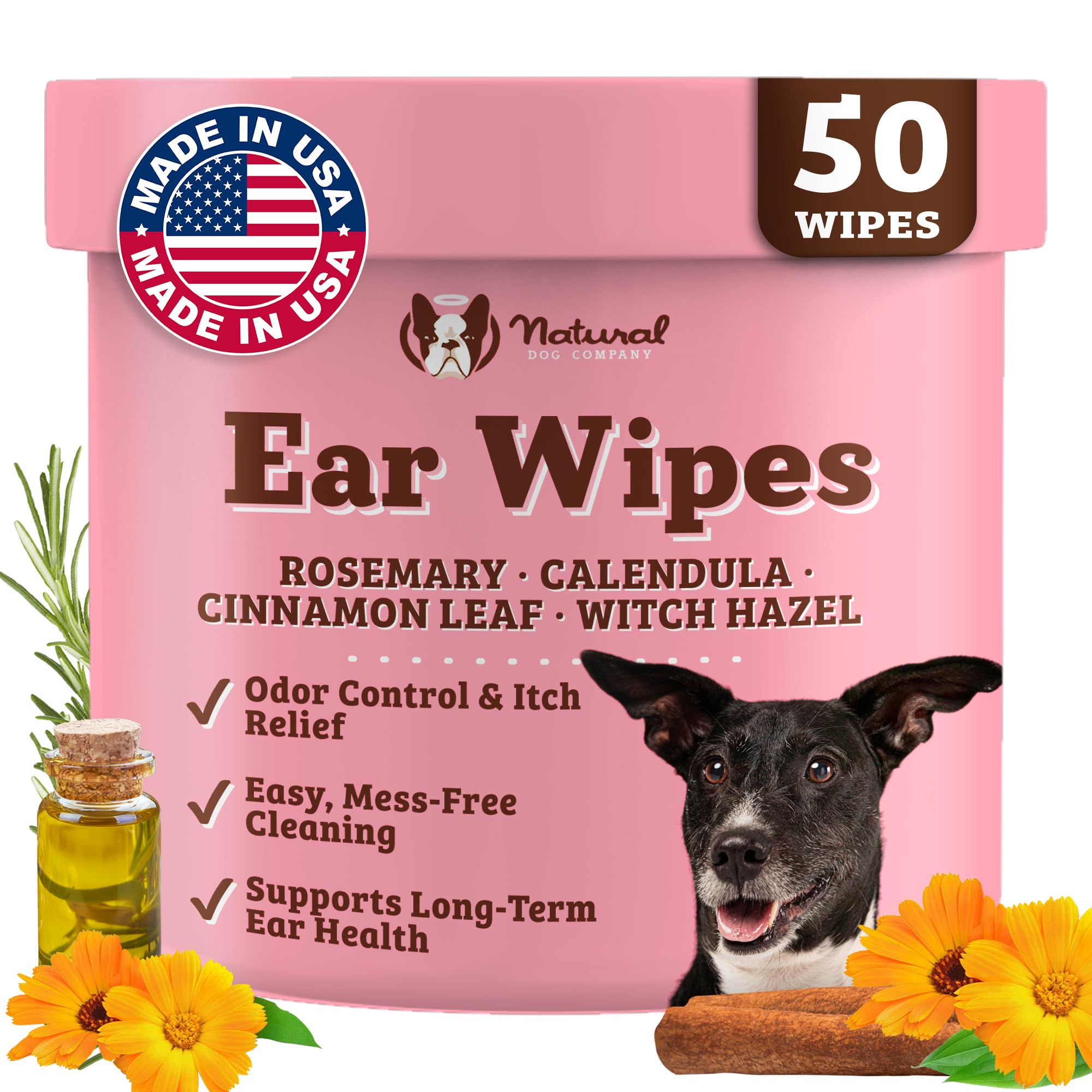 Natural Dog Company toallitas para orejas de perros, 50 ct, limpieza suave y fresca.