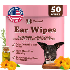 Natural Dog Company toallitas para orejas de perros, 50 ct, limpieza suave y fresca.