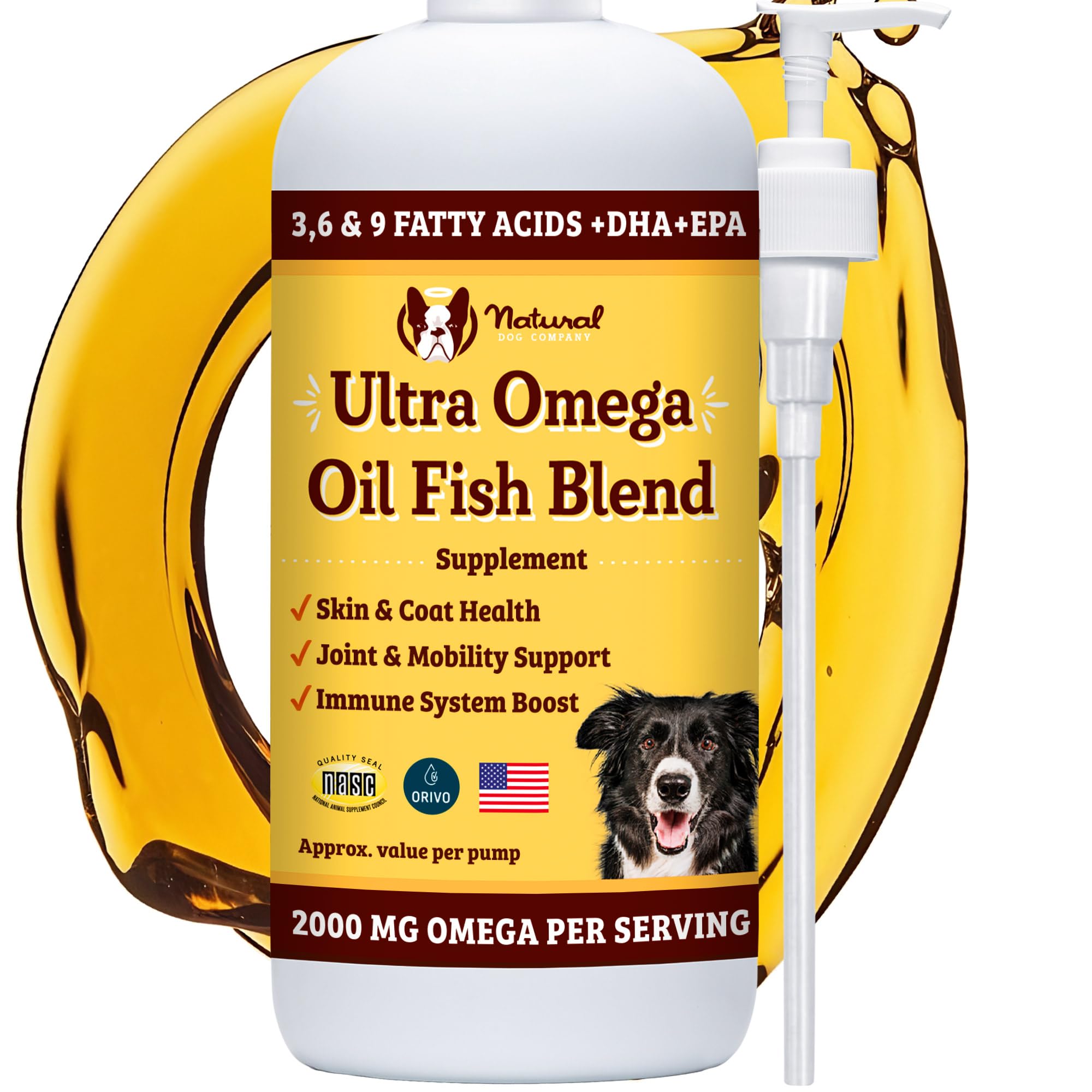 Natural Dog Company Ultra Omega Oil bottle closeup highlights a premium fish oil blend for skin and coat.