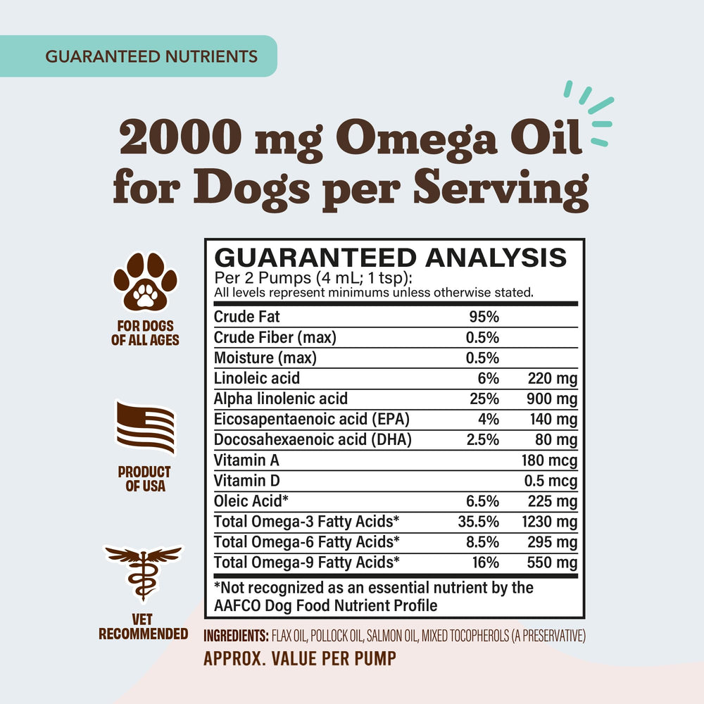 Natural Dog Company Ultra Omega Oil features salmon, pollock, and flaxseed oils for immune support.