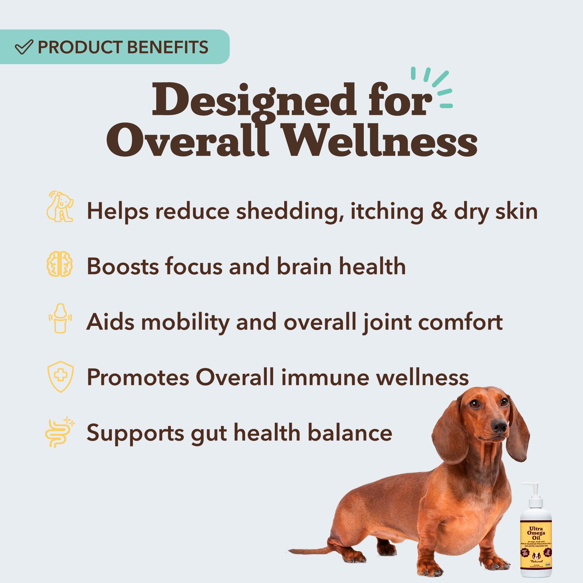 Natural Dog Company label detail showcases Omega-3-6-9 blend and sustainable sourcing.