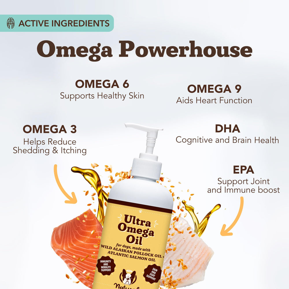Natural Dog Company Ultra Omega Oil pour into dog bowl for skin and coat support.